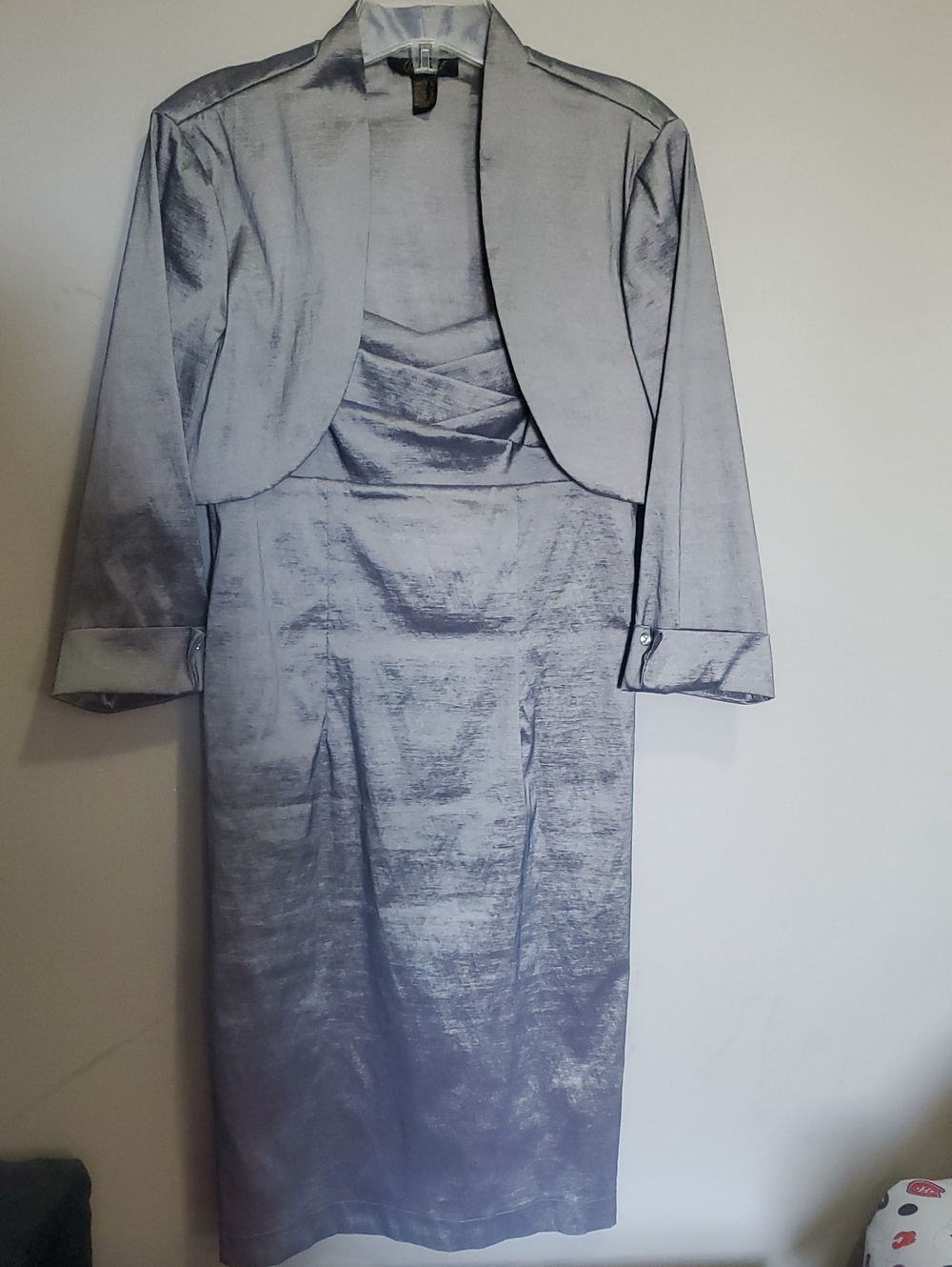 Oblique Elegant Silver-Green Cocktail Sheath Dress with Matching Jacket Size 10